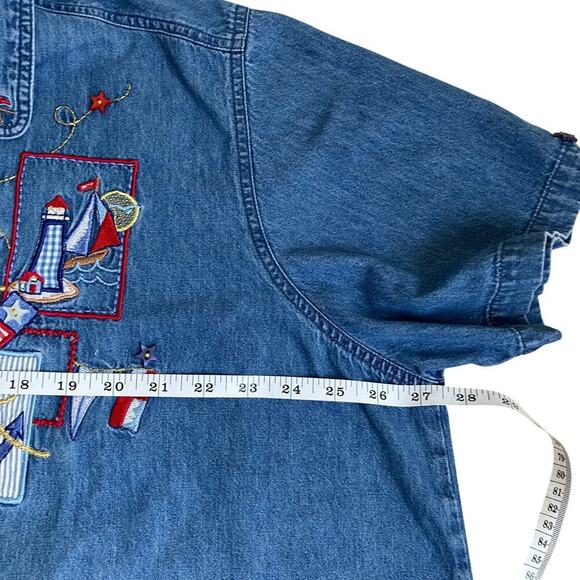 Bobbie Brooks Plus Size Vtg 90s Denim Button Shirt Embroidered Nautical Beachy - Picture 13 of 16
